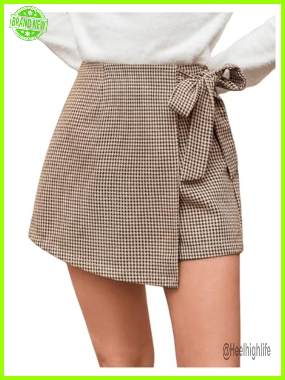 Houndstooth Wrap Skort High Waisted Tie Knot Asymmetrical Hem Business Casual